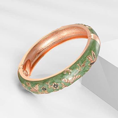 UJOY Cloisonne Indian Bangle Colored Crystal Plated Hinge Cuff Bracelet Hollowed Bird Enamel Jewelry Gift 55C49 - color: 2 Pcs/set-Bird-Green
