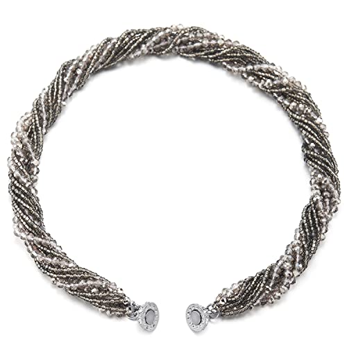 COOLSTEELANDBEYOND Multi-Layer Beads Crystal Braided Chain Choker Collar Magnetic Clasp,Statement Necklace, Bracelet - color: R-Necklace Grey Color