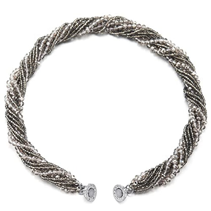 COOLSTEELANDBEYOND Multi-Layer Beads Crystal Braided Chain Choker Collar Magnetic Clasp,Statement Necklace, Bracelet - color: R-Necklace Grey Color