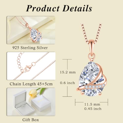 Birthstone Pendant Necklace 925 Sterling Silver Teardrop Jewelry for Women - color: Golden Rose