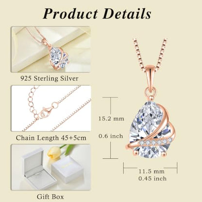 Birthstone Pendant Necklace 925 Sterling Silver Teardrop Jewelry for Women - color: Golden Rose