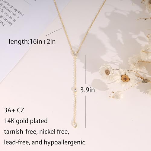 Long Gold Necklace For Women,Dainty Lariat Y Necklace 14K Gold Plated Cute Cubic Zirconia Lariat Necklaces Trendy Simple Statement Rhinestone Choker Necklaces Summer Jewelry - color: Gold-style 3