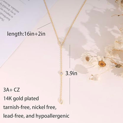 Long Gold Necklace For Women,Dainty Lariat Y Necklace 14K Gold Plated Cute Cubic Zirconia Lariat Necklaces Trendy Simple Statement Rhinestone Choker Necklaces Summer Jewelry - color: Gold-style 3