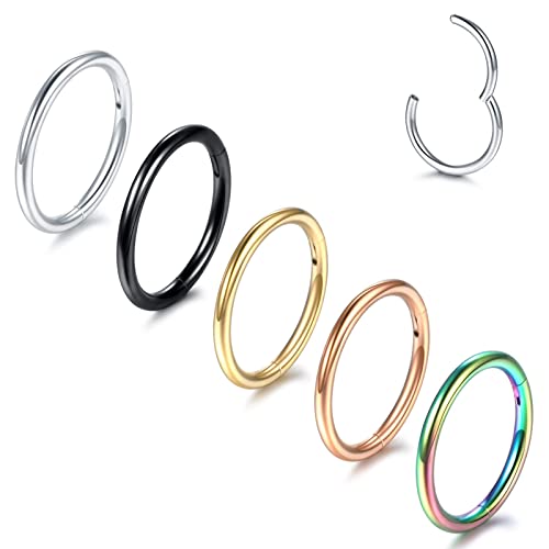 Aumeo 14G 16G 18G 20G Nose Ring Hoop Stainless Steel Hinged Segment Rings Hoops Nose Clicker Ring Tragus Helix Cartilage Daith Rook Earring Piercing Jewelry for Women Men - style: 5pcs 16g 10mm mixed colors