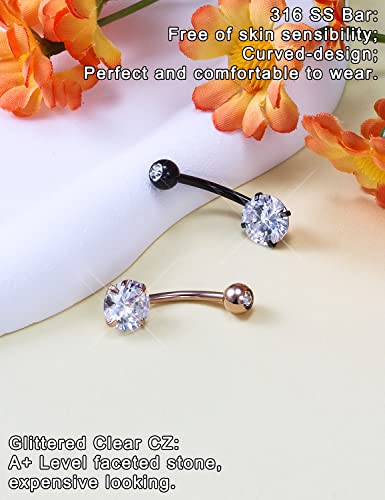 Long Belly Button Ring 6mm 8mm 10mm 12mm 14mm Surgical Stainless Steel Round Cubic Zirconia Navel Barbell Long Bar Belly Button Piercing Jewelry Silver, black, rose gold belly ring - color: 3pcs-12mm-colour mixture belly rings