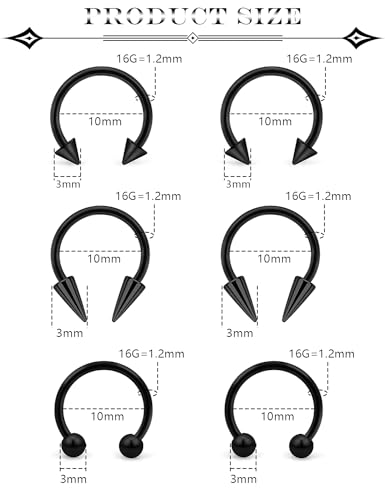 6Pcs Septum Rings 16G Surgical Steel Snake Bite Jewelry Long Spike Horseshoe Lip Rings Smiley Piercing Jewelry for Women Men 8mm 10mm - color: 16g,Diameter:10mm,black