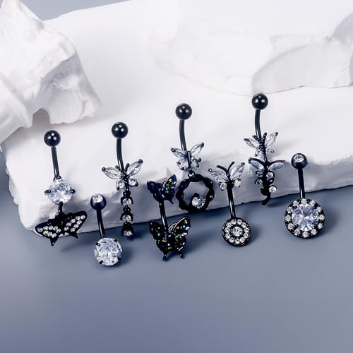 Vsnnsns 14G Belly Button Ring Piercing Jewelry 316L Stainless Surgical Steel Heart CZ Pearl Butterfly Flower Navel Rings Dangle Belly Button Ring Navel Piercing Jewelry for Women Men Hypoallergenic - color: Black-Clear CZ