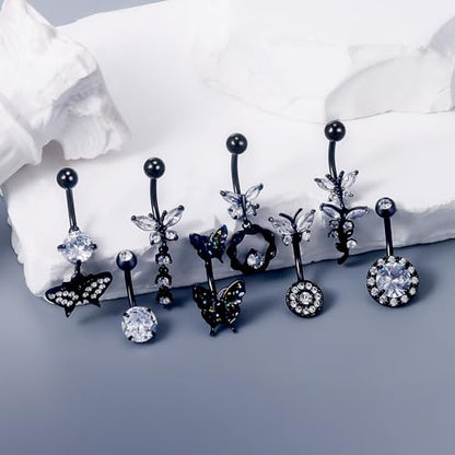 Vsnnsns 14G Belly Button Ring Piercing Jewelry 316L Stainless Surgical Steel Heart CZ Pearl Butterfly Flower Navel Rings Dangle Belly Button Ring Navel Piercing Jewelry for Women Men Hypoallergenic - color: Black-Clear CZ