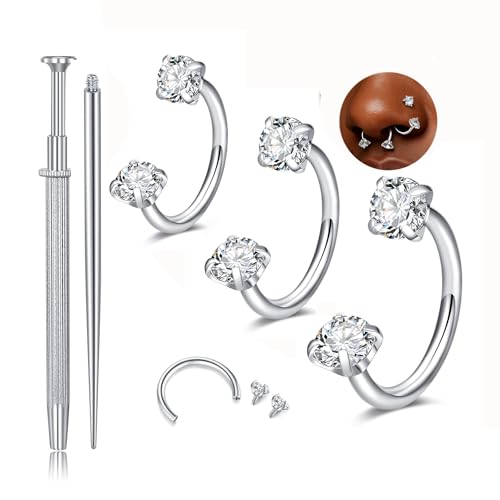 QWALIT 18g 20g Nose Stud 18g Surgical Stainless Steel Silver Gold Horseshoe Nose Ring for Women Hypoallergenic Double Stud Gem 18gauge Corkscrew Nostril Piercing Jewelry for Men Trendy - color: D3-double stud -silver -20g 6/7/8mm
