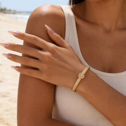 hotoo Gold Plated Bangle Bracelet for Women - style: Gold Clasp with Diamond Accent