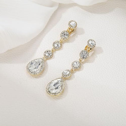 EleQueen Women's Wedding Crystal Teardrop Pear Shape 3 Inch Clip on Long Dangle Earrings for Bride Bridesmaid, Jewelry for Party Prom/Anniversary - color: White Gold-Tone