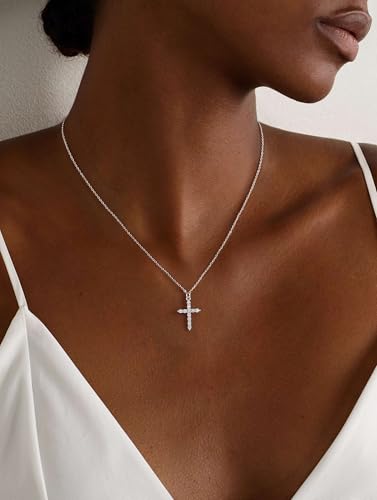Carffordo 925 Sterling Silver Cross Necklace, Dainty Necklace for Women | Simple Small Cross Pendant Necklace, Sterling Silver/16K Gold Plated Non-Tarnish Faith Jewelry, Christian Religious Gifts - style: Silver Cubic Zirconia Cross
