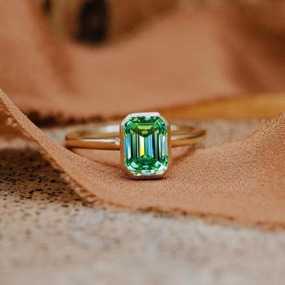 2.5CT Emerald Cut Moissanite Solitaire Ring, 14K Yellow Gold Engagement Ring, Bezel Setting, Statement Ring, Gift For Her, Wedding Ring By SHREESHYAMJEWELLS - color: Green Moissanite