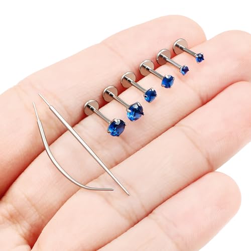 F136 Titanium 20/18/16G Earrings Nose Lip Rings Medusa Tragus Cartilage Helix Labret Flat Back Threadless Implant Grade Stud Piercing Jewelry for Women - color: Blue CZ, size: 18g*6/7/8mm*2/3/4mm