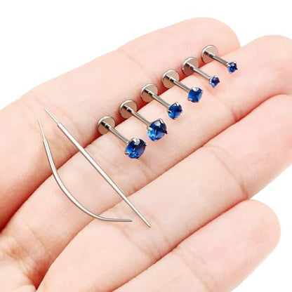 F136 Titanium 20/18/16G Earrings Nose Lip Rings Medusa Tragus Cartilage Helix Labret Flat Back Threadless Implant Grade Stud Piercing Jewelry for Women - color: Blue CZ, size: 18g*6/7/8mm*2/3/4mm