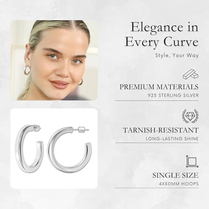 18K Gold Plated Sterling Silver Earrings for Women – Pure & Polished, Twist, Square, Hinged Tube, Abstract & Heart Shape Hoops – Lightweight, Hypoallergenic, Non-Tarnish Jewelry (Sizes: 3x35mm-46x30mm) - color: Silver, size: Square Tubing Hoop (4x40mm)