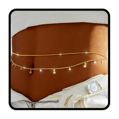 Tgirls Gold Waist Chain for Women Rhinestone Layered Belly Chains Beads Body Chain Heart-Shaped Beach Body Jewelry for Summer - style: Star 1