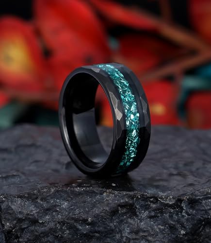 8mm Black Tungsten Mens Wedding Band with Moss Agate/Emerald/Citrine | Amethyst/Aquamarine, Gothic, Birthstone, Hammered, Engagement Promise Ring, Anniversary Valentine Day Birthday Gift for Him - style: Greenish Blue Aquamarine