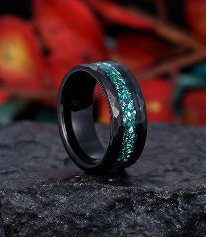8mm Black Tungsten Mens Wedding Band with Moss Agate/Emerald/Citrine | Amethyst/Aquamarine, Gothic, Birthstone, Hammered, Engagement Promise Ring, Anniversary Valentine Day Birthday Gift for Him - style: Greenish Blue Aquamarine