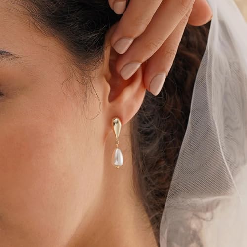 Plenky Pearl Earrings-14K Gold Plated Dainty Pearl Drop Simple Wedding CZ Dangle Dangling Cute Stud Earrings for Brides Earrings for Women Gifts - style: Teardrop Pearl Earrings