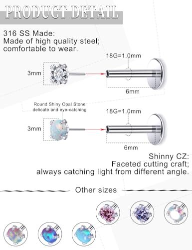 16G 18G 20G Threadless Flat Back Nose Ring Studs Earrings 316L Surgical Steel Tragus Helix Cartilage Earrings Medusa Labret Lip Rings Piercing Jewelry For Women Men Opal CZ 2mm 3mm - style: 18G-6MM Length-Top 3mm