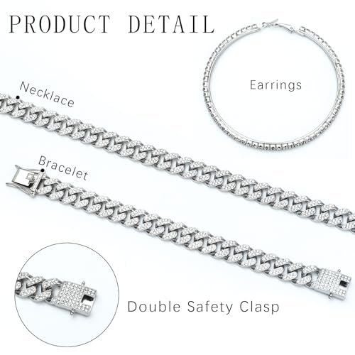 NEWITIN 7 Pieces Silver Jewelry Set for Women Dainty Cubic Zirconia Cuban Link Chain Necklace Bracelet Ring Sparkly Crystal Earrings Cuban Jewelry Set for Women Men - color: Silver 18 Inches