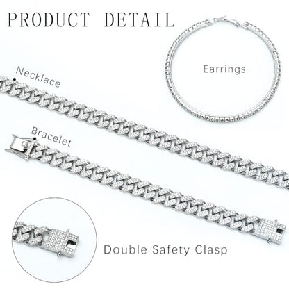 NEWITIN 7 Pieces Silver Jewelry Set for Women Dainty Cubic Zirconia Cuban Link Chain Necklace Bracelet Ring Sparkly Crystal Earrings Cuban Jewelry Set for Women Men - color: Silver 18 Inches