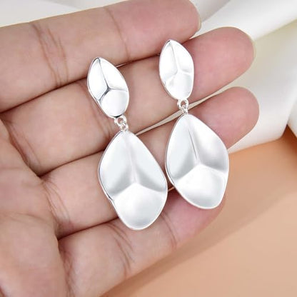 Large Geometric Drop Dangle Earrings for Women Pearl Teardrop Disc Rectangle Oval Fishtail Shell Shaped Textured Dangle Studs Earrings for Women - color: Silver-Irregular