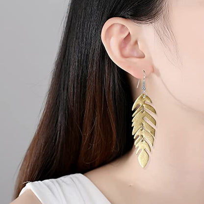 Handmade Unique Lightweight Bohemian Genuine Leather Leaf Dangle Drop Earrings Dainty Sparkly Chain Feather Hook Earring for Women Statement - color: Gold