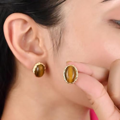 Gempires Bold Oval Gemstone Stud Earrings for Women – Natural Healing Stone Jewelry 14K Gold-Plated Hypoallergenic Tarnish-Resistant – Bold Statement Studs Gift for Her - style: Labradorite