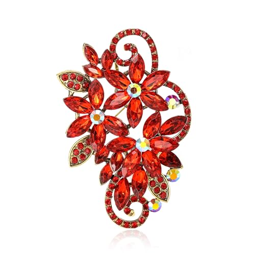 YOQUCOL Vintage Red Austrian Crystal Rhinestone Flower Shape Brooch Pin for Women - color: Red