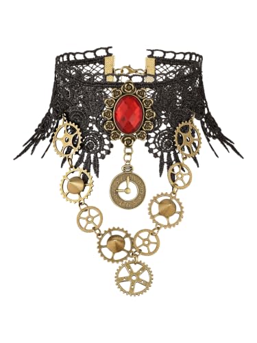 Gothic Black and Red Steampunk Teardrop Lace Choker Necklace, Goth Jewelry | Zinc alloy, iron, acrylic, and soft lace materials. Perfect for gothic emo punk grunge Vintage Victorian Halloween outfits
