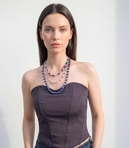 Noessla Layered Beaded Necklaces for Women - 3 Strand Boho Statement Choker Fashion Jewelry Gifts - color: Blue