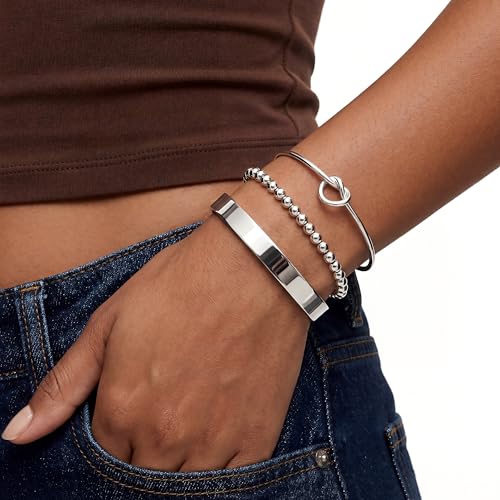 925 Sterling Silver Bracelets for Women Stack, Trendy Tennis Bangle Cuff Jewelry Set 14K Gold Plated, Adjustable Bracelet Set for Wrist Essentials, Women Fashion Watch Band Acecessories - style: Bracelet_3pcs_06(Silver Cuff Set)