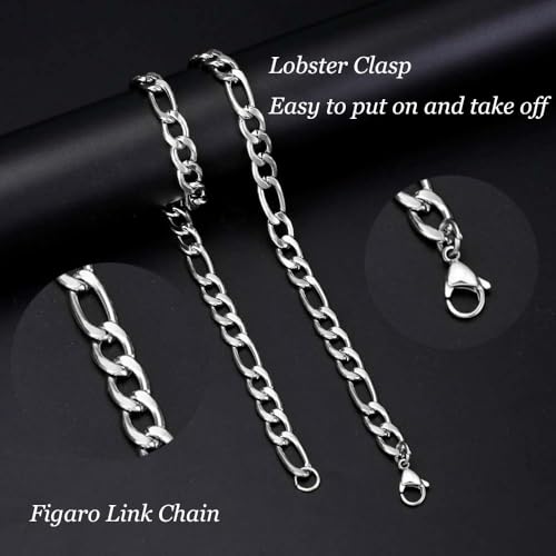 Stainless Steel Figaro Link Chain Necklace For Men Women, 3mm 4mm 5mm 7mm Width, 18k Gold Plated 18 20 22 24 Inch Figaro Chain, No Tarnish Durable Waterproof Jewelry - color: 3MM Silver, size: 22inches