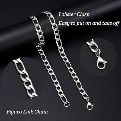 Stainless Steel Figaro Link Chain Necklace For Men Women, 3mm 4mm 5mm 7mm Width, 18k Gold Plated 18 20 22 24 Inch Figaro Chain, No Tarnish Durable Waterproof Jewelry - color: 3MM Silver, size: 22inches