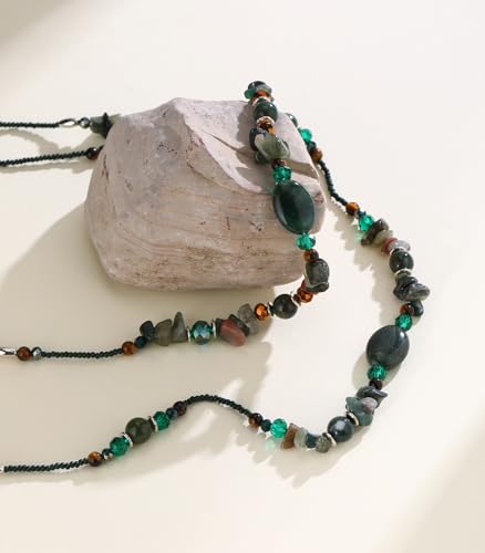 Noessla Boho Long Beaded Necklaces for Women Double Layer Chunky Irregular Stone Beads Strand Statement Jewelry Mothers Day Gifts - color: Dark Green