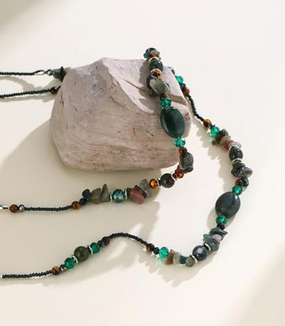 Noessla Boho Long Beaded Necklaces for Women Double Layer Chunky Irregular Stone Beads Strand Statement Jewelry Mothers Day Gifts - color: Dark Green