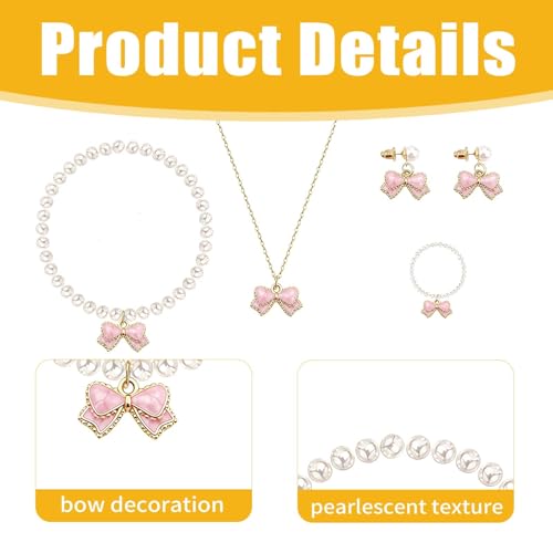 4PCS Pink Pearls Necklace Earrings Bracelet Ring Set Elegant Bow Adorned Jewelry Set for Women Valentine's Day & Special Occasions