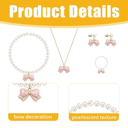 4PCS Pink Pearls Necklace Earrings Bracelet Ring Set Elegant Bow Adorned Jewelry Set for Women Valentine's Day & Special Occasions