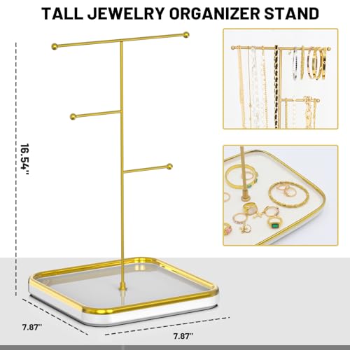 Gold Necklace Holder with Ceramic Base,Jewelry Organizer Stand,1.3ft Height Tall Necklace Hanger Tower Organizer, Aesthetic Jewelry Stand for Necklace, Earring, Bracelets, Rings Display (White)
