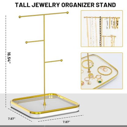 Gold Necklace Holder with Ceramic Base,Jewelry Organizer Stand,1.3ft Height Tall Necklace Hanger Tower Organizer, Aesthetic Jewelry Stand for Necklace, Earring, Bracelets, Rings Display (White)
