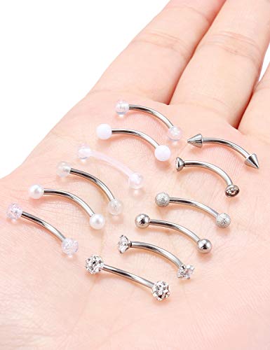 Jenxnjsjo 16g 6/8/10mm Eyebrow/Rook/Snug/Vertical-Labret/VCH/Snake-Eyes/Anti-Tragus/Christina/Daith/Belly-Button/Bridge/Hood/Surface Curved Barbell Piercing Jewelry for Women Men - color: 12PCS, Surgical-Steel, size: 10mm