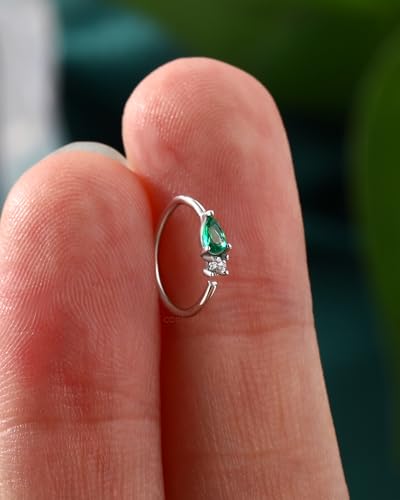 20G 925 Sterling Silver Small Thin Nose Ring Hoop for Women, Silver 7mm - 8mm Adjustable Half Hoop Nostril Piercing Jewelry - color: Emerald CZ