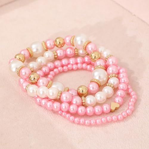 Pearl Bracelets for Women Simulated Pearl Beaded Bracelet White Pearls Stackable Stretch Bracelet Set Multilayered Elastic Pearls Bracelets for Women Bridesmaid Bridal Jewelry - color: pink