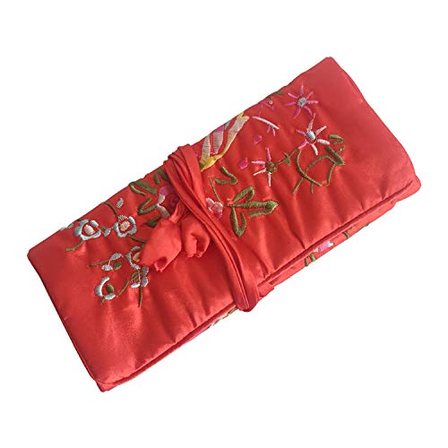 Travel Jewelry Roll Bag - Embroidered Brocade Pouch for Rings, Necklaces, Earrings, Bracelets | Lightweight & Tie Closure (Red) - color: Red