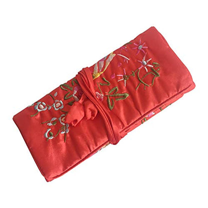 Travel Jewelry Roll Bag - Embroidered Brocade Pouch for Rings, Necklaces, Earrings, Bracelets | Lightweight & Tie Closure (Red) - color: Red