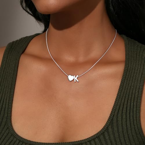 Eaciy Gold Heart Initial Necklaces for Women Teen Girl Gifts Trendy Stuff | 18K Gold Plated Letter A-Z Heart Initial Necklaces for Women Teen Girl Gifts Trendy Stuff Birthday Gifts for Girls Jewelry - color: Silver