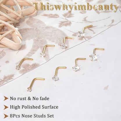 15PCS 14K Gold Plated Nose Rings Studs Set for New Piercing Beginners - color: 8pcs/L-shaped/20G/Gold
