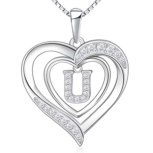 RIVIKO Heart Initial Necklace for Women, 925 Sterling Silver Letter Pendant,Personalized Charm Alphabet Jewelry Valentines Mother's Day Anniversary Christmas Birthday Gifts for Women Her Mom Wife - color: Letter-U